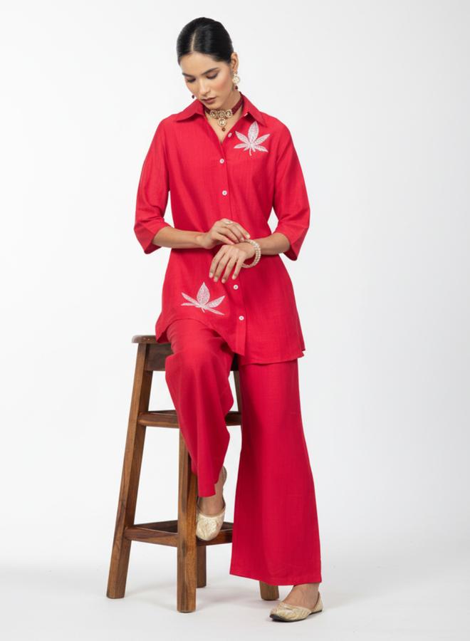 WineRed Women Embroidered Shirt and Wide Leg Trousers Co-ords - Image 5